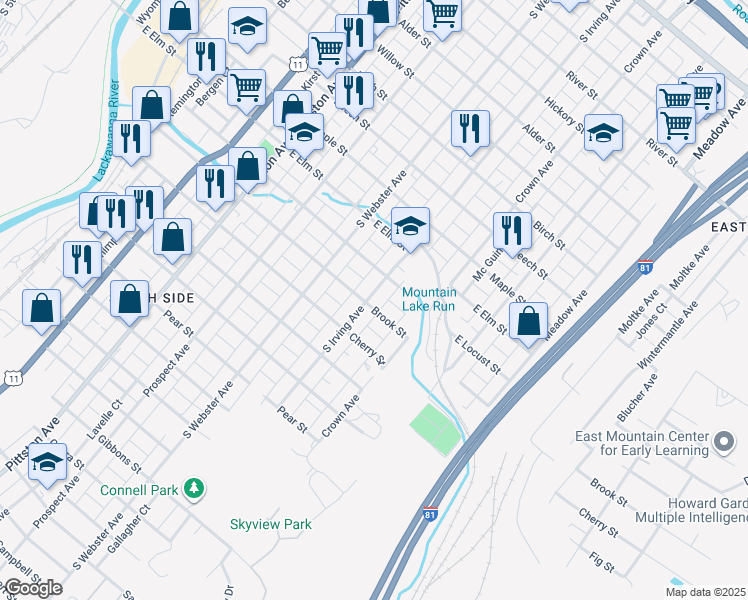 map of restaurants, bars, coffee shops, grocery stores, and more near 810 Brook Street in Scranton