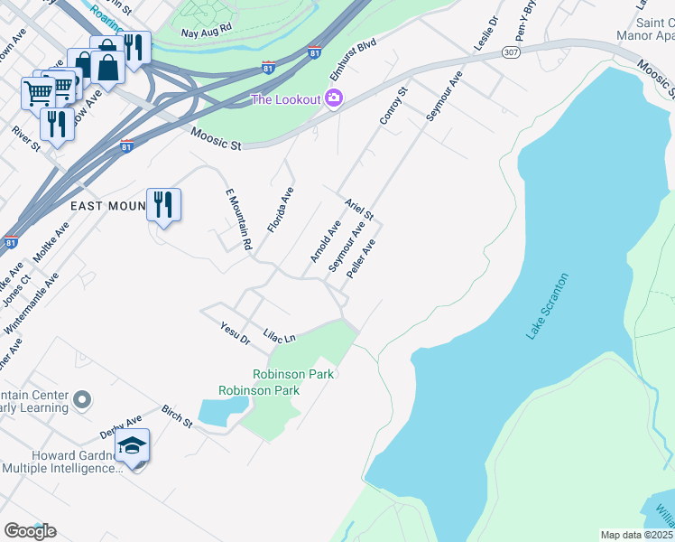 map of restaurants, bars, coffee shops, grocery stores, and more near 1801-1899 E Mountain Rd in Scranton