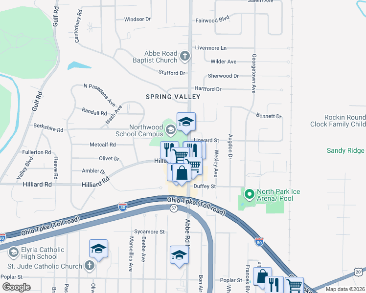 map of restaurants, bars, coffee shops, grocery stores, and more near 570 Abbe Road North in Elyria