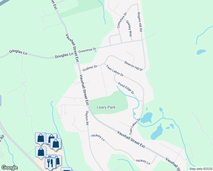 map of restaurants, bars, coffee shops, grocery stores, and more near 26 Grabner Drive in Waterford