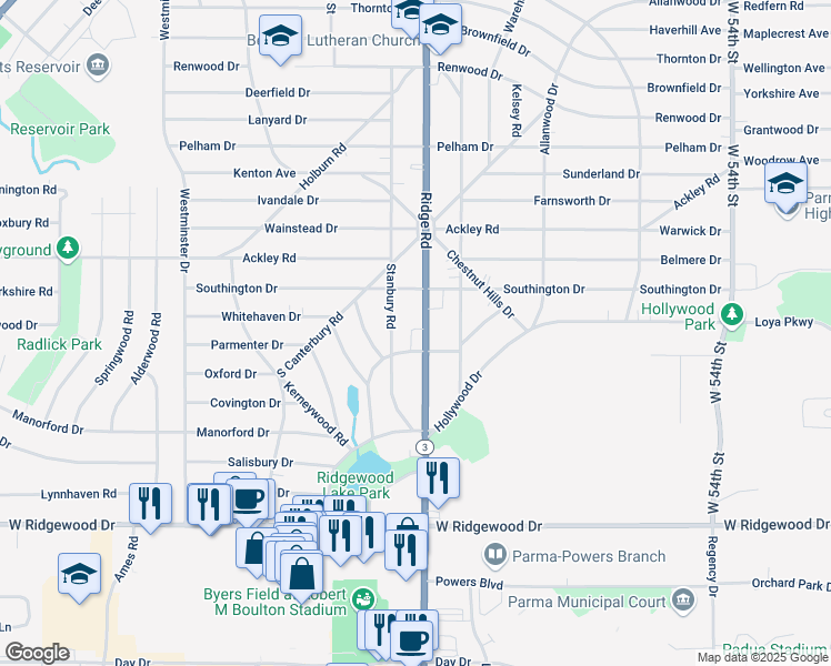 map of restaurants, bars, coffee shops, grocery stores, and more near 6410 Ridge Road in Parma