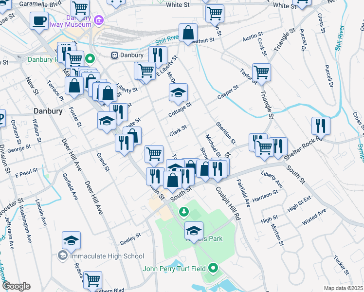map of restaurants, bars, coffee shops, grocery stores, and more near 27 Town Hill Avenue in Danbury