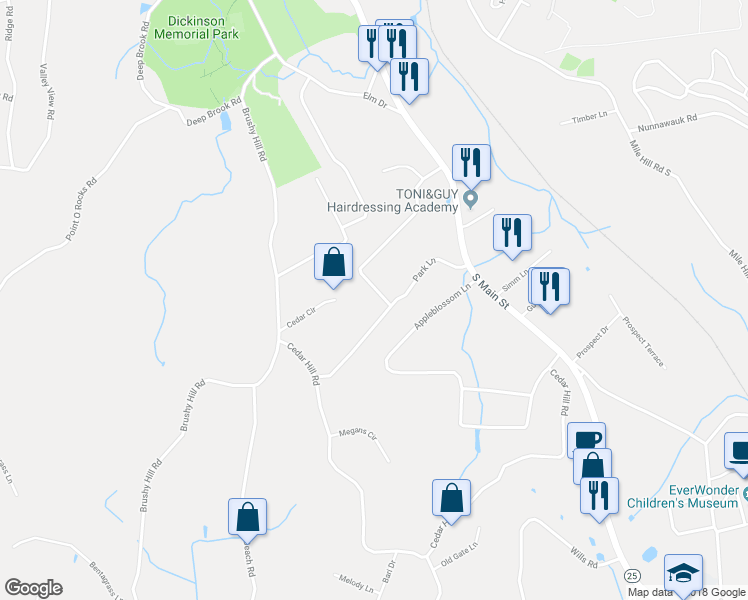 map of restaurants, bars, coffee shops, grocery stores, and more near 32 Greenbriar Lane in Newtown
