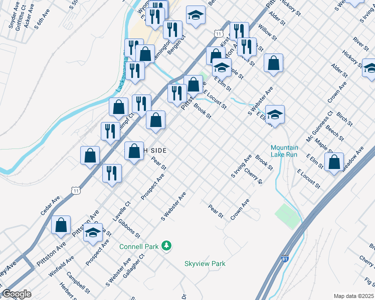 map of restaurants, bars, coffee shops, grocery stores, and more near 615 Palm Street in Scranton