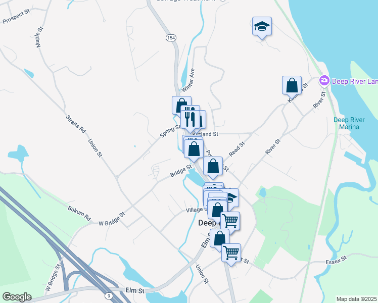 map of restaurants, bars, coffee shops, grocery stores, and more near 108 Main Street in Deep River