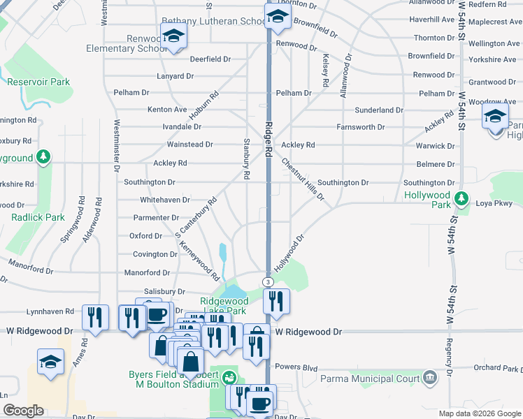 map of restaurants, bars, coffee shops, grocery stores, and more near 6384 Ridge Road in Cleveland