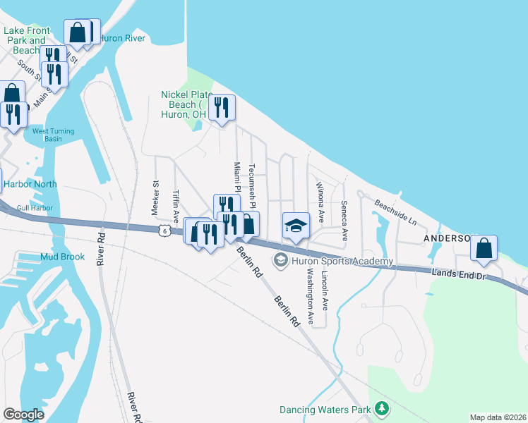 map of restaurants, bars, coffee shops, grocery stores, and more near 419 Munsee Place in Huron
