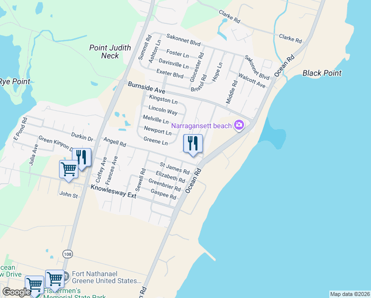map of restaurants, bars, coffee shops, grocery stores, and more near 64 Burnside Road in Narragansett