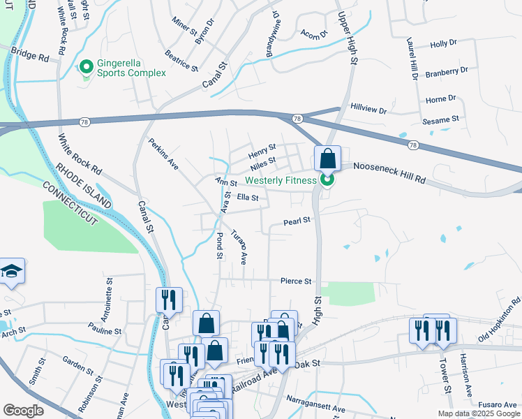 map of restaurants, bars, coffee shops, grocery stores, and more near 21 Brenden Street in Westerly