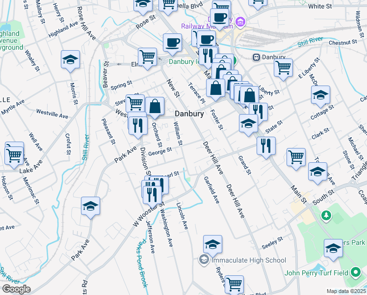 map of restaurants, bars, coffee shops, grocery stores, and more near 31 William Street in Danbury