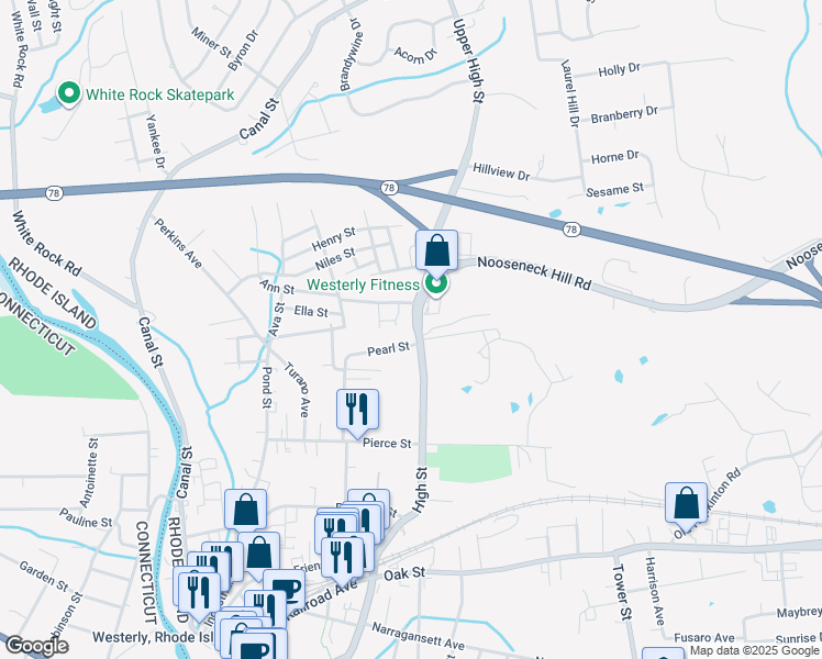 map of restaurants, bars, coffee shops, grocery stores, and more near 211 High Street in Westerly