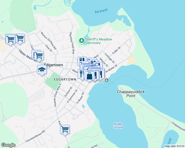 map of restaurants, bars, coffee shops, grocery stores, and more near in Edgartown