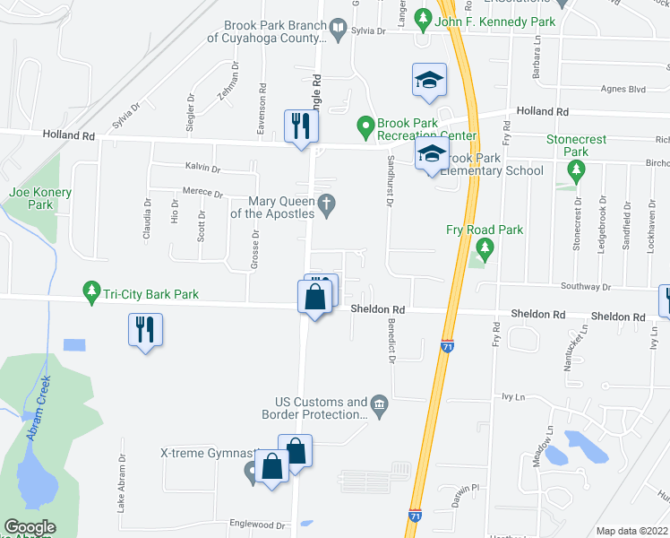 map of restaurants, bars, coffee shops, grocery stores, and more near 6522 Liberty Bell Drive in Brook Park