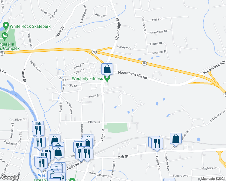 map of restaurants, bars, coffee shops, grocery stores, and more near 221 High Street in Westerly