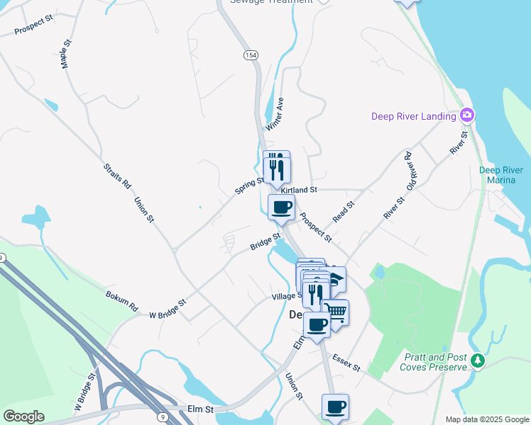 map of restaurants, bars, coffee shops, grocery stores, and more near 92 Main Street in Deep River
