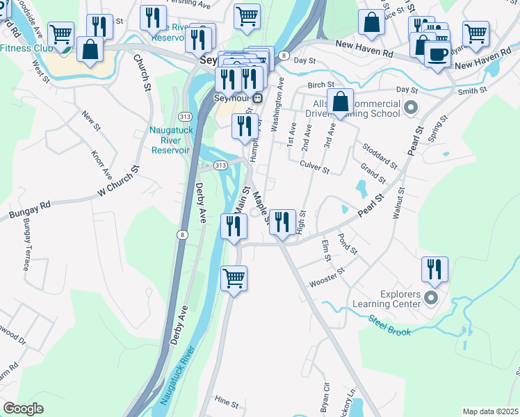map of restaurants, bars, coffee shops, grocery stores, and more near 16 Maple Street in Seymour