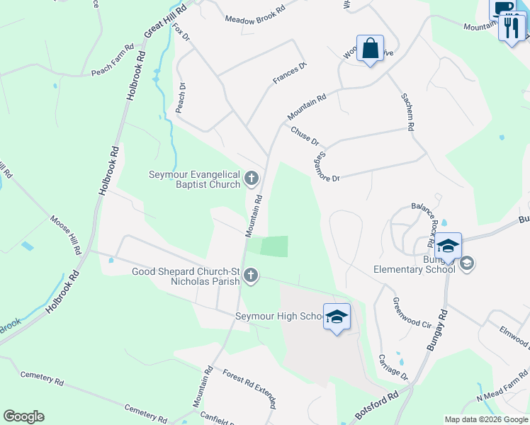 map of restaurants, bars, coffee shops, grocery stores, and more near 109 Mountain Road in Seymour