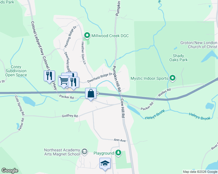 map of restaurants, bars, coffee shops, grocery stores, and more near 2590 Gold Star Highway in Groton