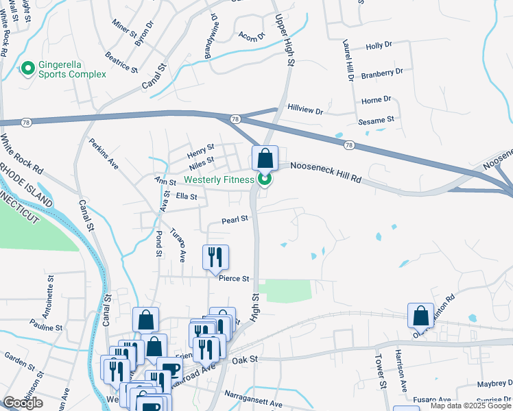map of restaurants, bars, coffee shops, grocery stores, and more near 231 High Street in Westerly