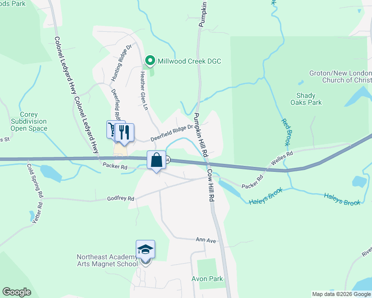 map of restaurants, bars, coffee shops, grocery stores, and more near 67 Deerfield Ridge Drive in Groton