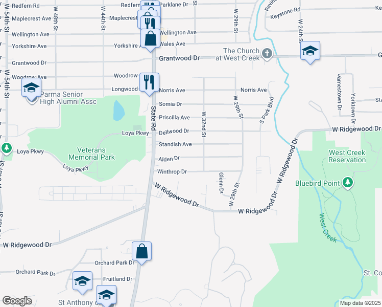 map of restaurants, bars, coffee shops, grocery stores, and more near 3314 Standish Avenue in Parma
