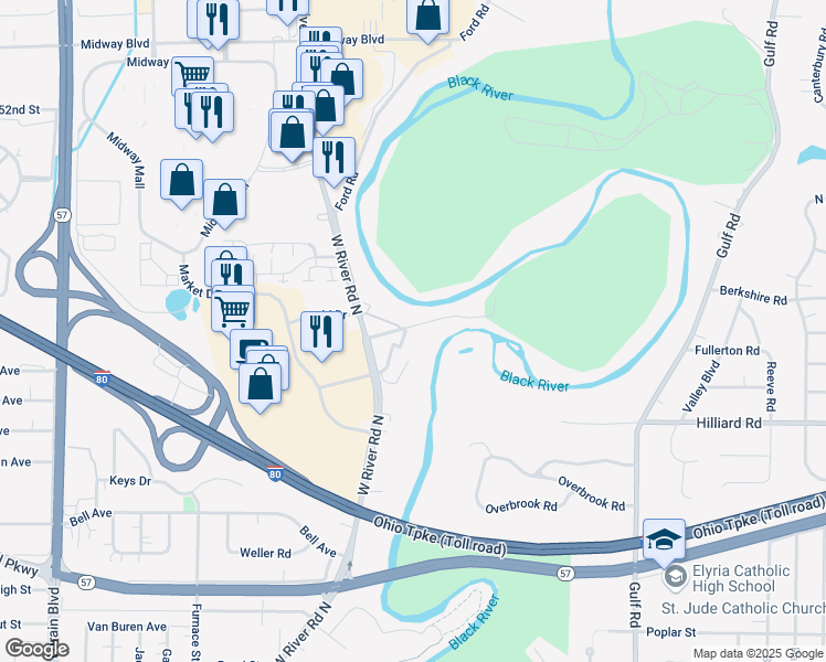 map of restaurants, bars, coffee shops, grocery stores, and more near 1207 West River Road North in Elyria
