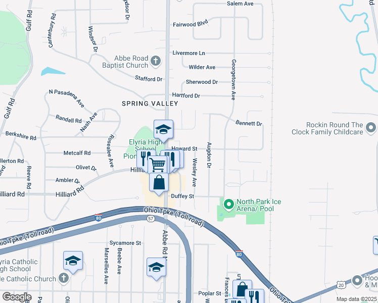 map of restaurants, bars, coffee shops, grocery stores, and more near 755 Howard Street in Elyria