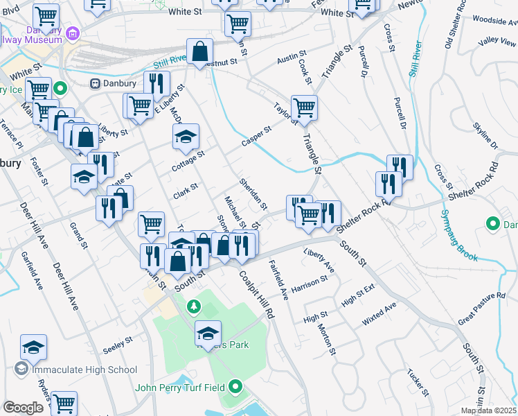 map of restaurants, bars, coffee shops, grocery stores, and more near 2 Sheridan Street in Danbury