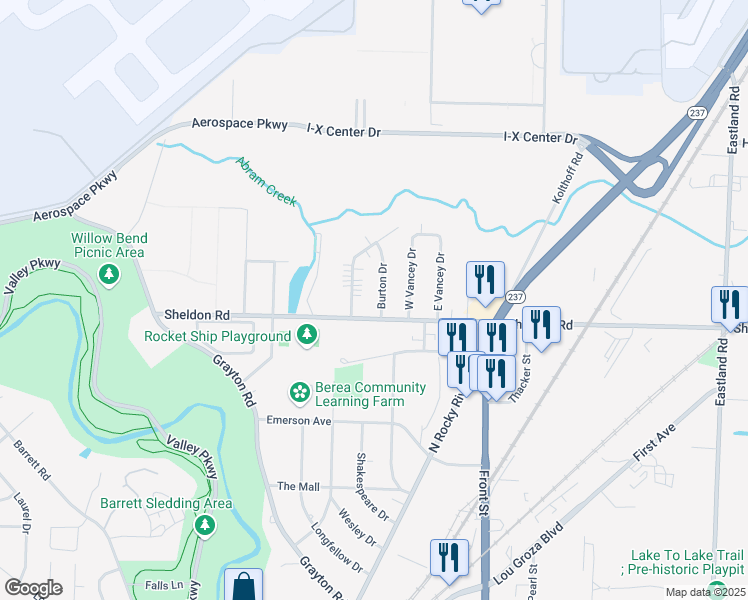 map of restaurants, bars, coffee shops, grocery stores, and more near 6574 Burton Drive in Brook Park