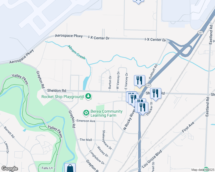 map of restaurants, bars, coffee shops, grocery stores, and more near 6574 Burton Drive in Brook Park
