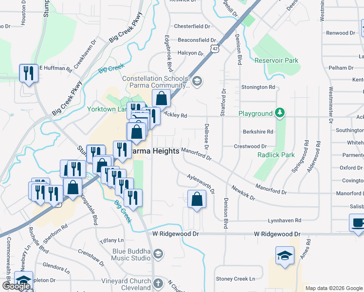 map of restaurants, bars, coffee shops, grocery stores, and more near 10300 Manorford Drive in Parma Heights
