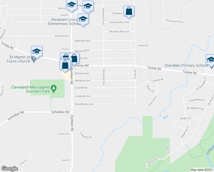 map of restaurants, bars, coffee shops, grocery stores, and more near 15809 Corkhill Road in Maple Heights