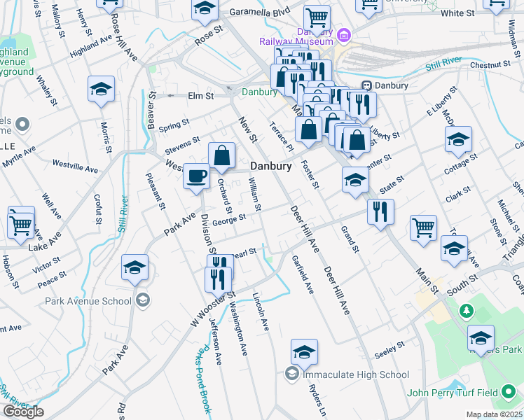 map of restaurants, bars, coffee shops, grocery stores, and more near 39 William Street in Danbury