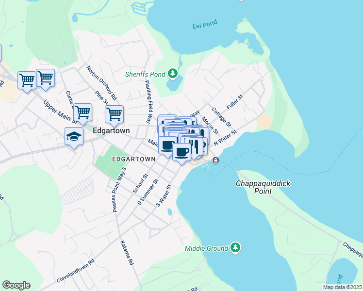 map of restaurants, bars, coffee shops, grocery stores, and more near 51 Winter Street in Edgartown