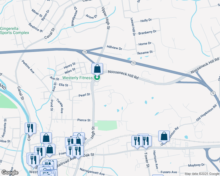 map of restaurants, bars, coffee shops, grocery stores, and more near 23R Ashaway Road in Westerly