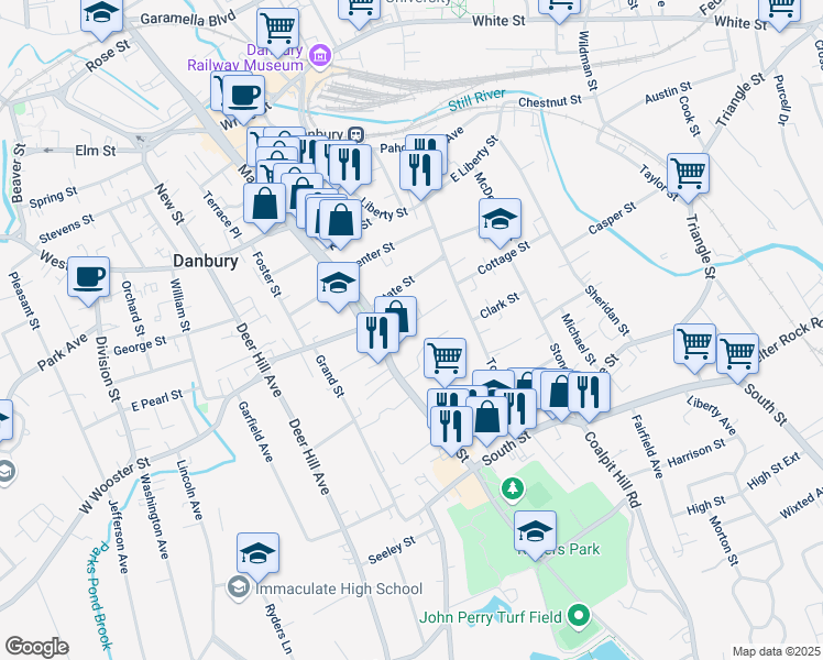 map of restaurants, bars, coffee shops, grocery stores, and more near 13 Park Place in Danbury