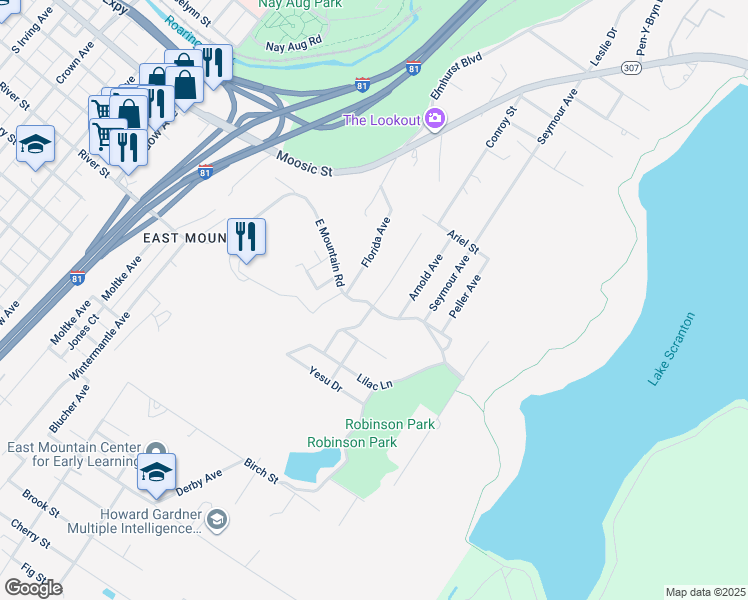 map of restaurants, bars, coffee shops, grocery stores, and more near 141 Florida Avenue in Scranton
