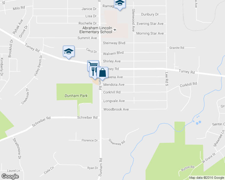 map of restaurants, bars, coffee shops, grocery stores, and more near 15401 Corkhill Road in Maple Heights