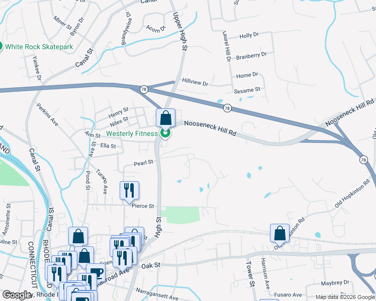 map of restaurants, bars, coffee shops, grocery stores, and more near 23R Ashaway Road in Westerly