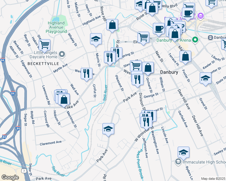 map of restaurants, bars, coffee shops, grocery stores, and more near 11 Quien Street in Danbury