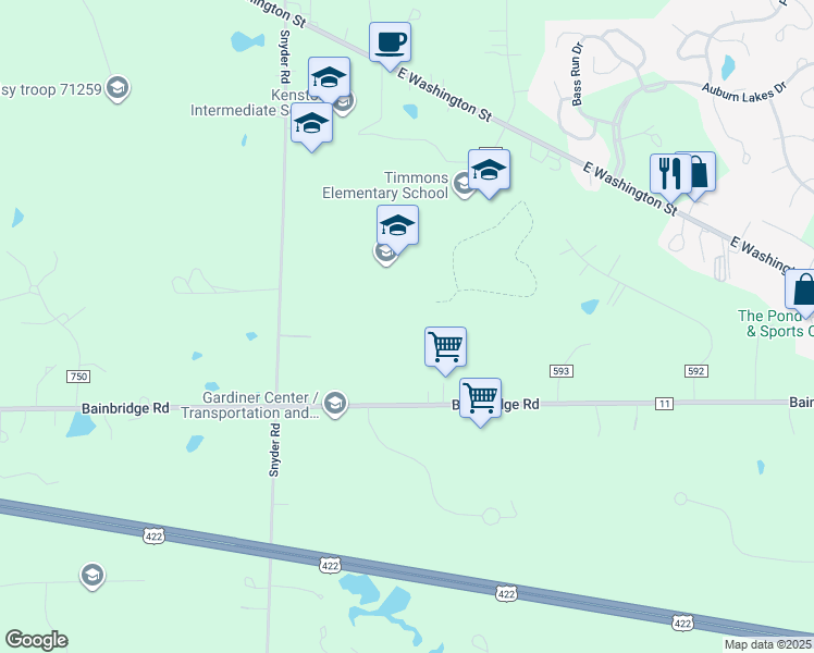 map of restaurants, bars, coffee shops, grocery stores, and more near 9500 Bainbridge Road in Chagrin Falls