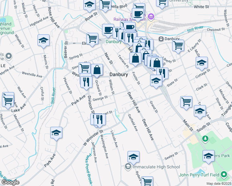 map of restaurants, bars, coffee shops, grocery stores, and more near 39 William Street in Danbury
