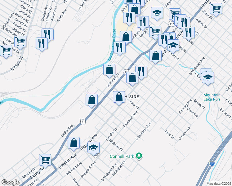 map of restaurants, bars, coffee shops, grocery stores, and more near 1627 Cedar Ave in Scranton