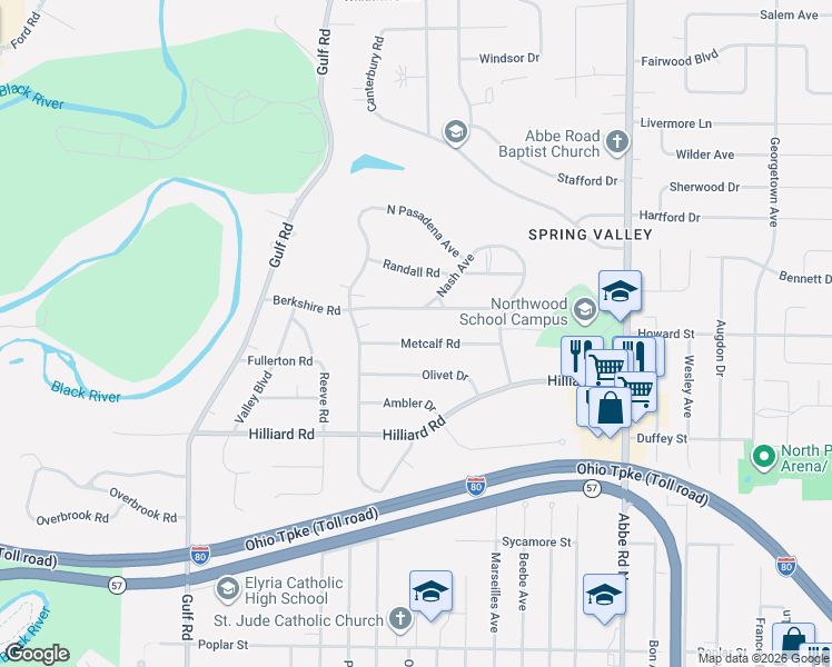 map of restaurants, bars, coffee shops, grocery stores, and more near 435 Berkshire Road in Elyria