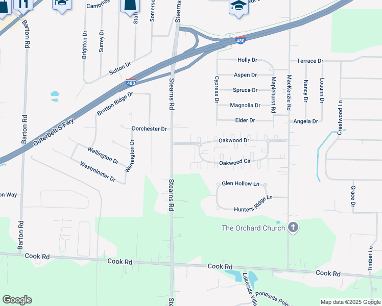 map of restaurants, bars, coffee shops, grocery stores, and more near 27080 Oakwood Drive in North Olmsted