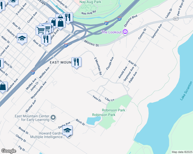 map of restaurants, bars, coffee shops, grocery stores, and more near Waldorf Lane in Scranton