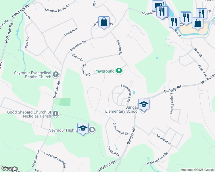 map of restaurants, bars, coffee shops, grocery stores, and more near 5 Sauquett Lane in Seymour