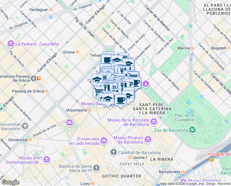 map of restaurants, bars, coffee shops, grocery stores, and more near 39 Ronda de Sant Pere in Barcelona