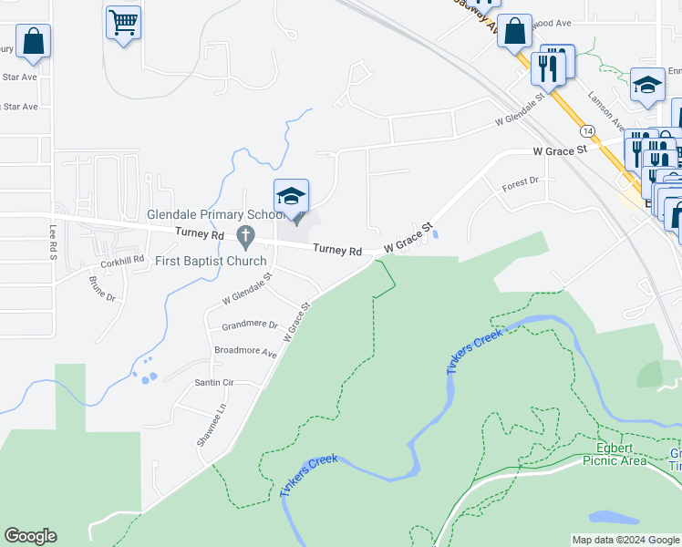 map of restaurants, bars, coffee shops, grocery stores, and more near 373 West Grace Street in Bedford