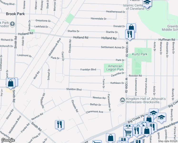 map of restaurants, bars, coffee shops, grocery stores, and more near 13954 Franklyn Boulevard in Brook Park